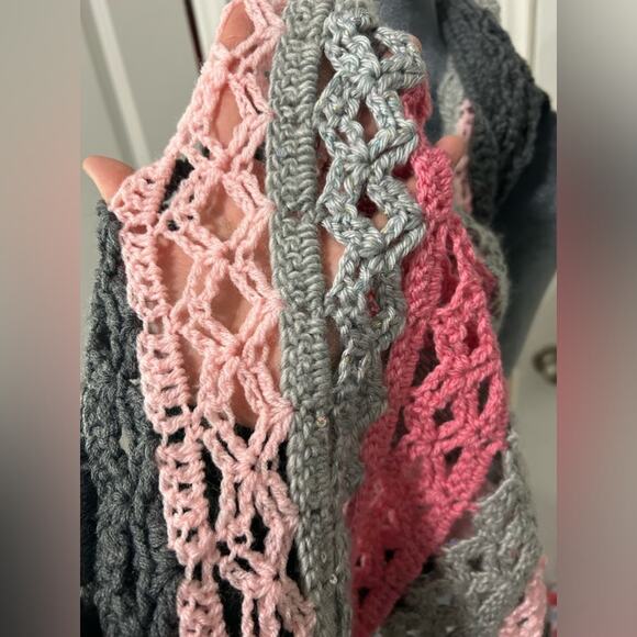 extra long handmade crochet scarf- 80"  pink sparkle gray and black- gift - Picture 4 of 5